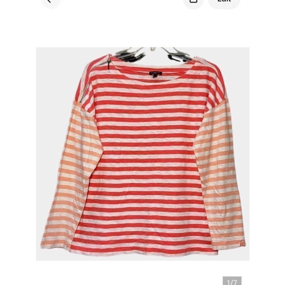 Talbots Striped Long Sleeve Top with Zipper Detail in Orange/White Women’s LP